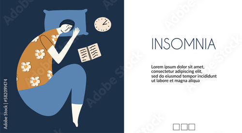Concept of insomnia, anxiety disorder. The woman cannot sleep at night. Vector illustration in flat style