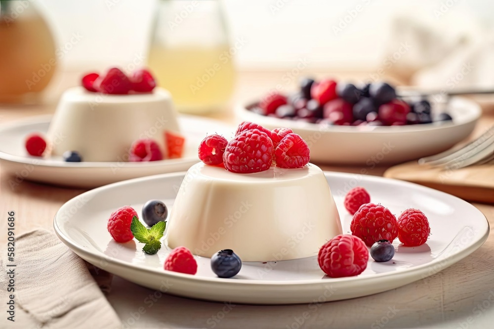 Delicate Panna Cotta, Featuring Beige Tones and Mixed Berry Garnish, created with Generative AI technology Delicate Panna Cotta, Featuring Beige Tones and Mixed Berry Garnish, created with Generative AI technology