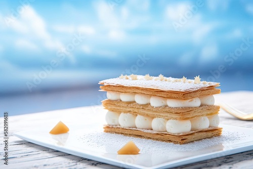 Decadent Mille-Feuille, Arrangement Showcasing Delicate Layers of Puff Pastry and Cream, created with Generative AI technology photo