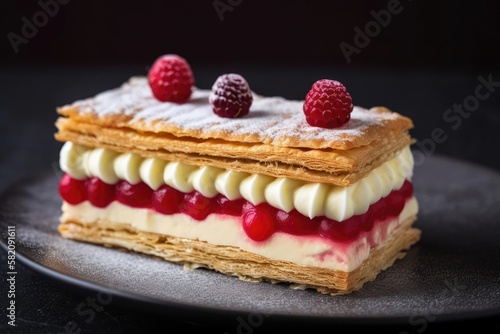 Decadent Mille-Feuille  Arrangement Showcasing Delicate Layers of Puff Pastry and Cream  created with Generative AI technology