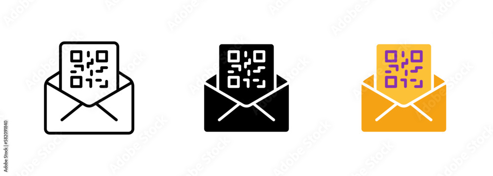 Letter or envelope with a QR code icon, which may represent the concept of digital communication or linking to online information. Vector set of icons in line, black and colorful styles isolated. Letter or envelope with a QR code icon, which may represent the concept of digital communication or linking to online information. Vector set of icons in line, black and colorful styles isolated.