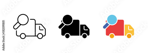Delivery van with a magnifying glass icon, which may represent the concept of tracking or searching for a package. Vector set of icons in line, black and colorful styles isolated.