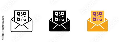 Letter or envelope with a QR code icon, which may represent the concept of digital communication or linking to online information. Vector set of icons in line, black and colorful styles isolated.