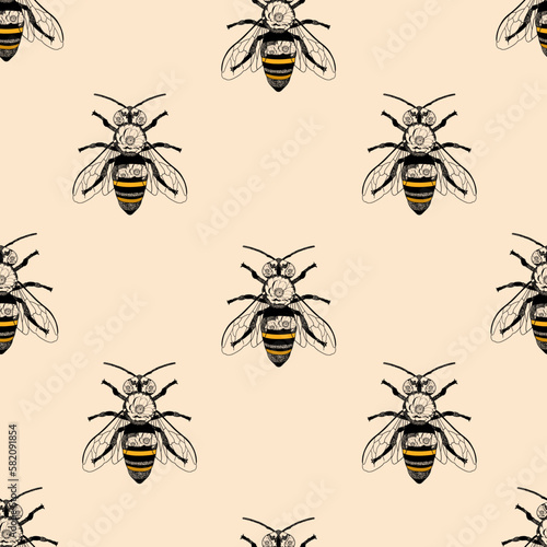 Honey bee graphic seamless pattern for fabric, stationery or wallpaper. Hand drawn insect fabric design.