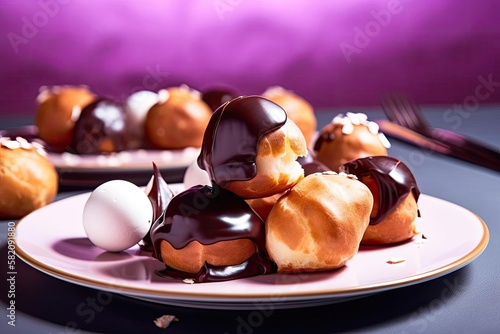 Delectable Profiteroles   Showcasing Beige Tones and Chocolate Drizzle  created with Generative AI technology