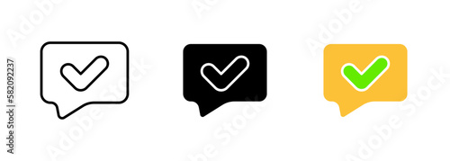 Message bubble with a checkmark inside, which may represent the concept of a successfully sent or delivered message. Vector set of icons in line, black and colorful styles isolated.