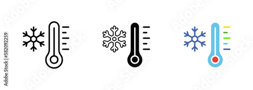 Thermometer with a snowflake symbol on it, indicating the temperature is below freezing point. Vector set of icons in line, black and colorful styles isolated.