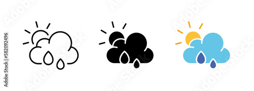 A depiction of rain clouds, symbolizing the arrival of precipitation. The image evokes feelings of freshness and renewal. Vector set of icons in line, black and colorful styles isolated.
