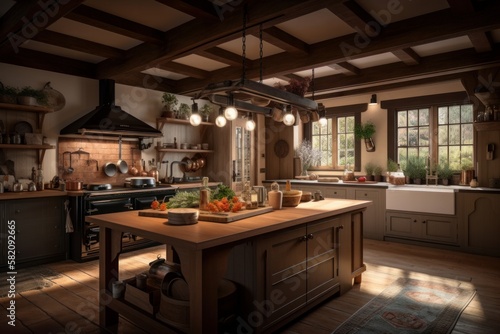 Rustikale Landhausküche mit Holz und Fenster - Gemütliche Küche in einem Haus KI generiert  