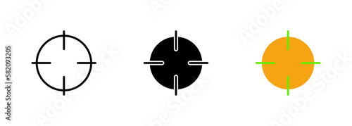 An icon of a crosshair or targeting reticle used to aim at a target in shooting or hunting games. Vector set of icons in line, black and colorful styles isolated.