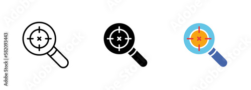 A magnifying glass with a crosshair icon displayed inside the lens, representing the idea of targeting or focusing. Vector set of icons in line, black and colorful styles isolated.