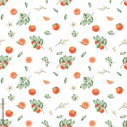 Fototapeta Naklejka Na Ścianę i Meble -  Watercolor seamless pattern. Hand painted illustrations of oranges, grapefruits, tangerines with green leaves, branches and flowers. Tropical fruits. Sliced citrus. Print on white background