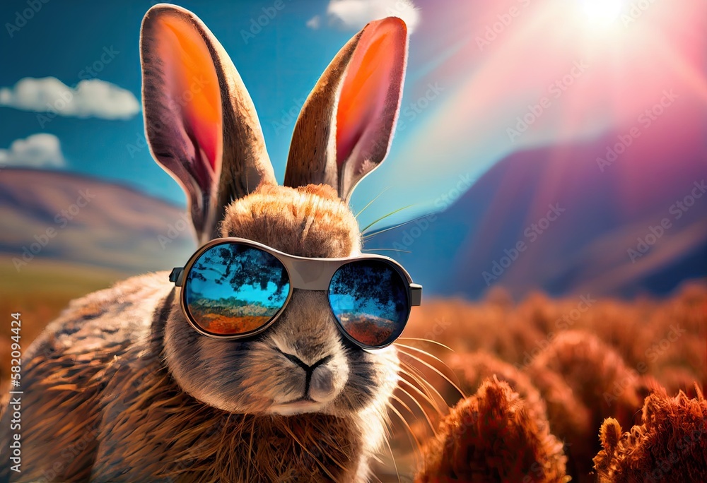 Funny bunny with sunglasses on colorful background. Generative Ai
