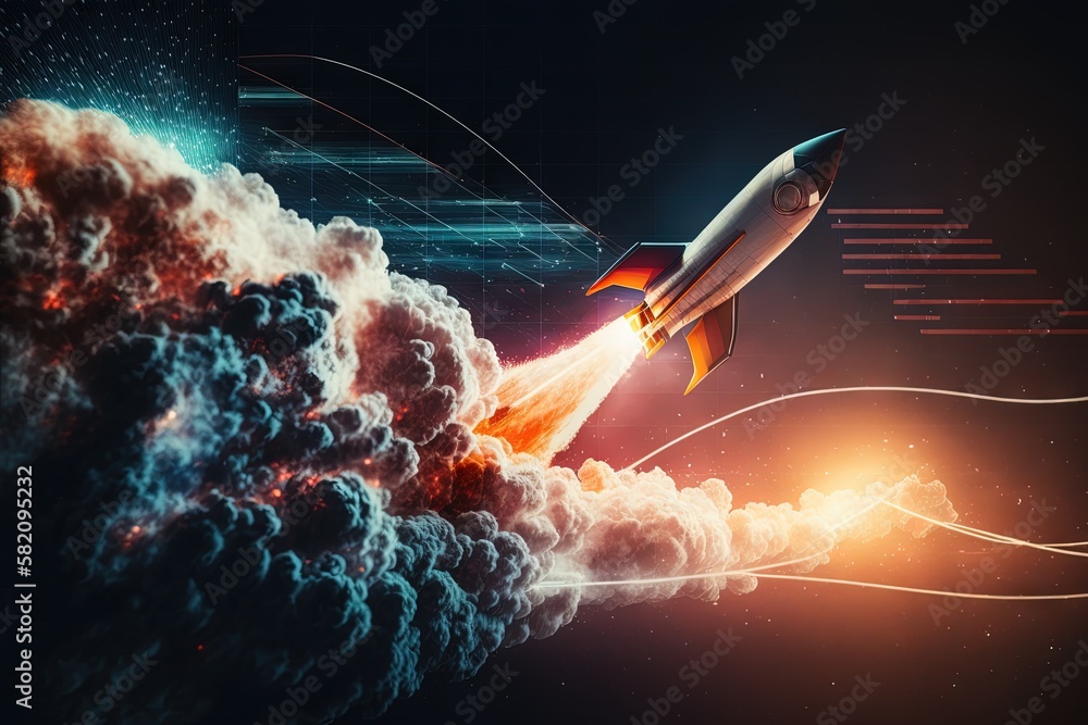 Rocket ship blasting off into space, with stock market - related ...