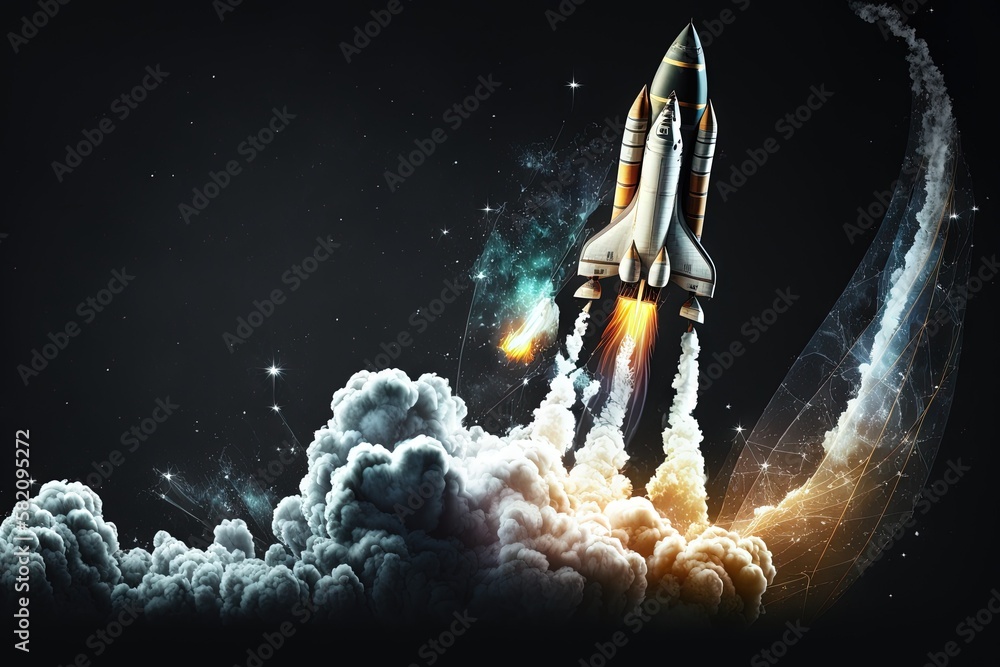 Rocket ship blasting off into space, with stock market - related ...
