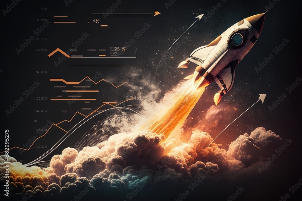 Rocket ship blasting off into space, with stock market - related ...