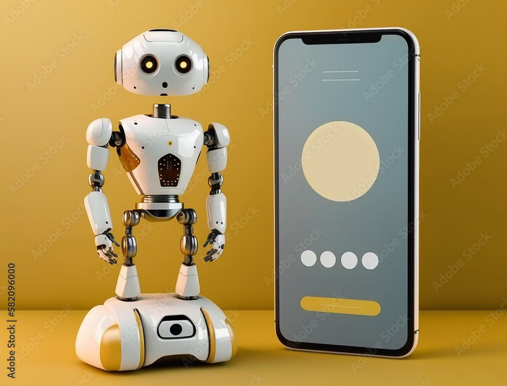 Futuristic robot beside screen of smartphone. Concept of chatbot with artificial intelligence. Futuristic robot beside screen of smartphone. Concept of chatbot with artificial intelligence.