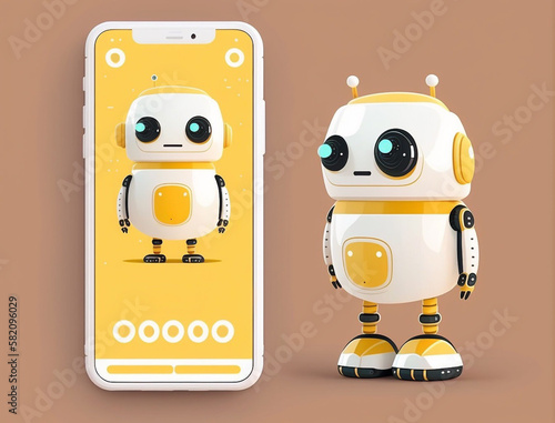 Futuristic robot beside screen of smartphone. Concept of chatbot with artificial intelligence.