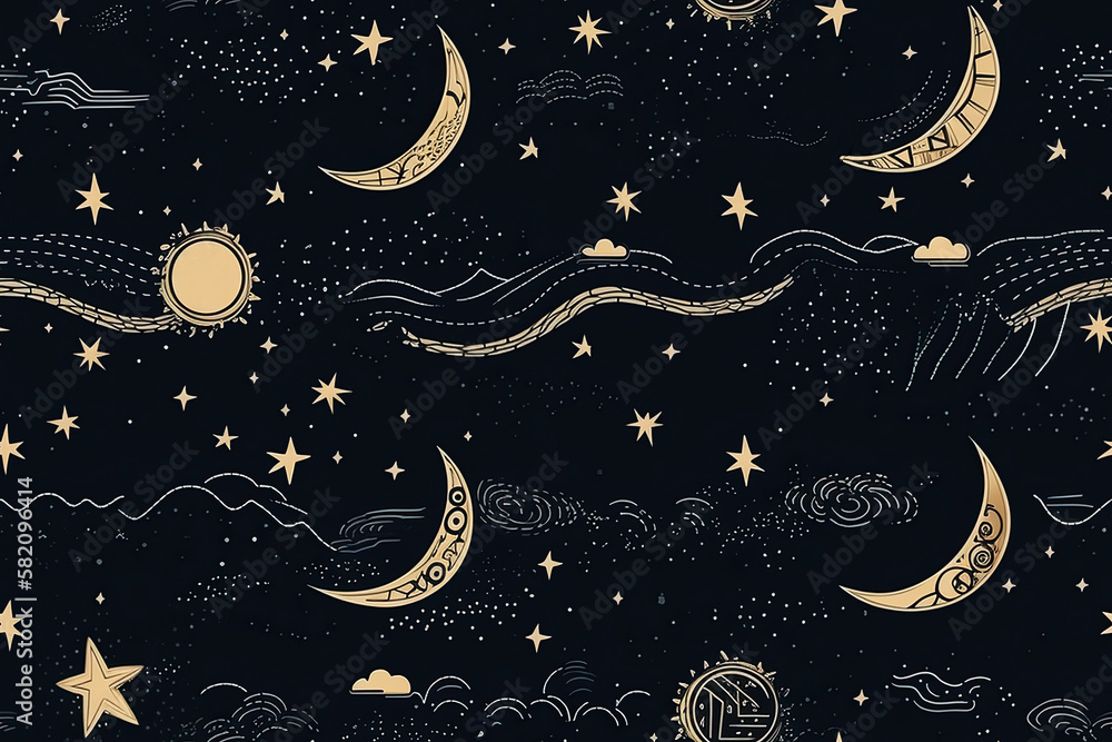 Seamless pattern with a pattern of the night sky with the moon and crescent moon and stars