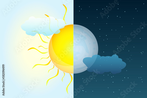 Half sun and half moon as vernal or autumnal equinox day. Day and night with lunar and sun. Earth seasons. Annual seasonal. Weather forecast background. International Astrology Day.Vector illustration