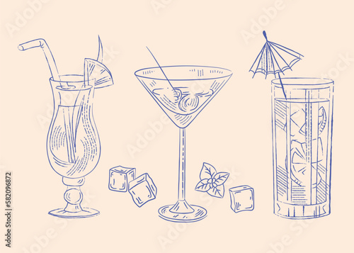 Three alcoholic cocktails in a glass with pieces of fruit and ice. vector line drawing by hand in etching style