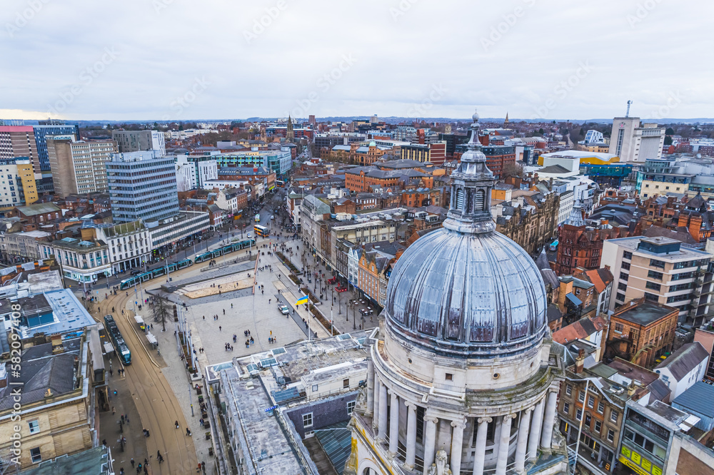 Old Market Square in Nottingham from the sky, offices and houses, United Kingdom. High quality photo