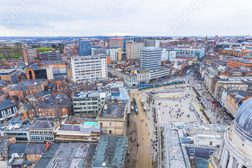 scenic drone shot of Old market Square in Nottingham  UK. people walking in the streets. High quality photo
