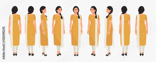 Indian Business Woman Wearing Salwar Kameez, Character Front, side, back view and explainer animation poses photo
