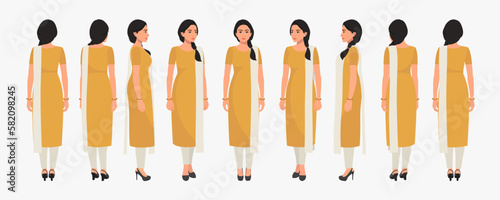 Indian Business Woman Wearing Salwar Kameez, Character Front, side, back view and explainer animation poses