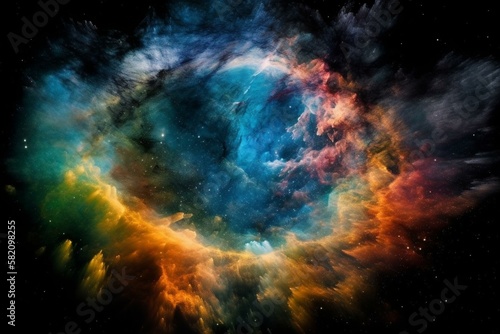 Space clouds in a cosmic rainbow of colors with a star at the center Generative AI