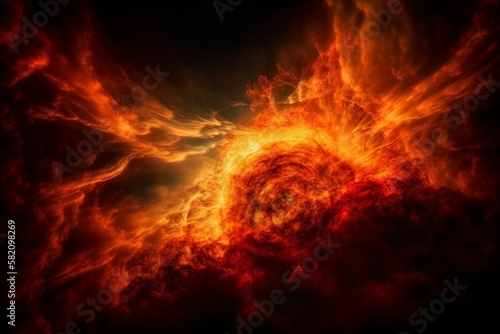 Space clouds in fiery shades of orange and red with a solar flare at the center Generative AI