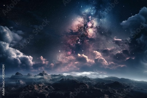 Space clouds with a galaxy at the center, surrounded by a starry sky Generative AI