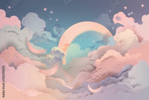 Space clouds in a dreamy pastel palette with a crescent moon at the center Generative AI