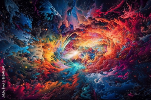 Space clouds in a vibrant swirl of colors with a spaceship flying through the center Generative AI