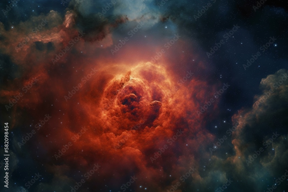 Space clouds with a red giant at the center, surrounded by dust and gas clouds Generative AI