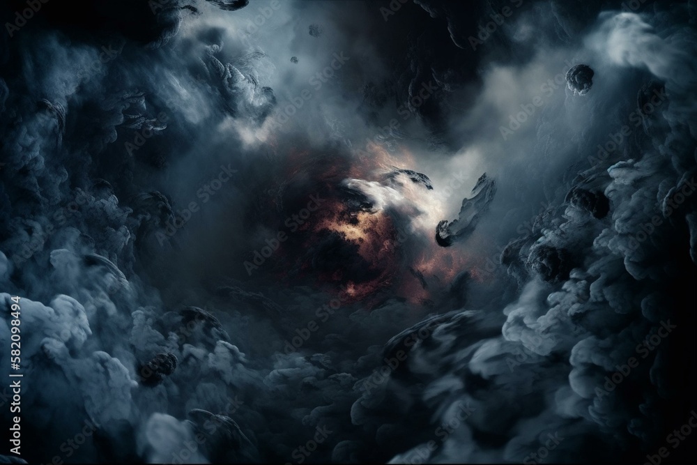 Space clouds in a dark and moody palette with a black hole at the center Generative AI