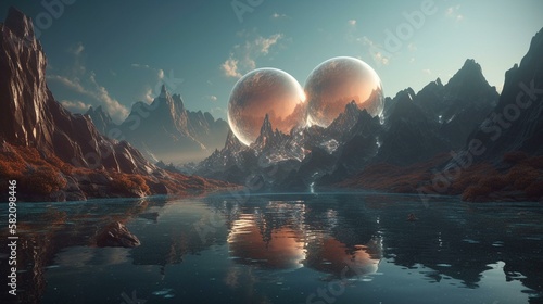 A surreal image of a planet with massive crystal formations rising from its surface, reflecting light in all directions. Generative AI