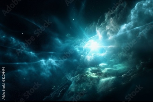 Space clouds with a pulsar at the center, emitting beams of light Generative AI