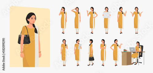 Indian Business Woman Wearing Salwar Kameez, Character set Different poses and emotions