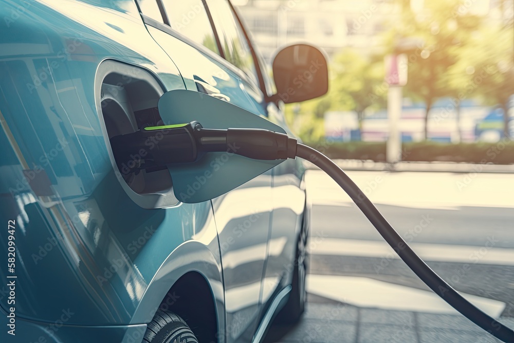 Electric car charging, EV car charging near the station, Generative AI Electric car charging, EV car charging near the station, Generative AI