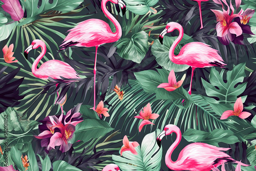 Generative AI. Floral seamless background with a tropical pattern of pink flamingos with exotic flowers, palm leaves. Botanical wallpaper. © Anastasia