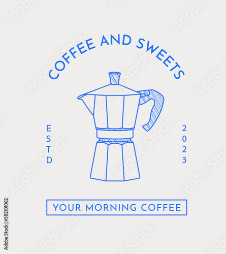 Coffee logo template. Moka pot. Line art. Vector illustration for coffee shops, cafes, and restaurants.