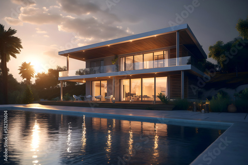 Modern luxury villa with swimming pool at sunset - Generative AI