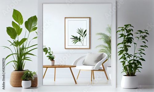 Frame mockup empty blank on wall, mirror and houseplants on scandinavian interior. Generative AI © perfectlab