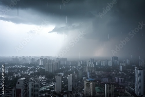 Distance view of raining storm down of a city, generative AI