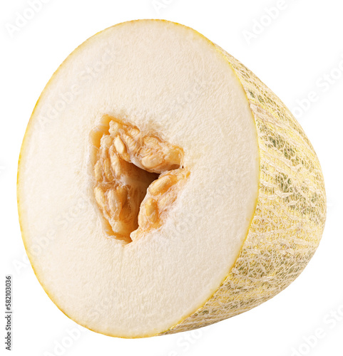 Half oval melon isolated on transparent background. Uzbek Russian melon half. Full depth of field.
