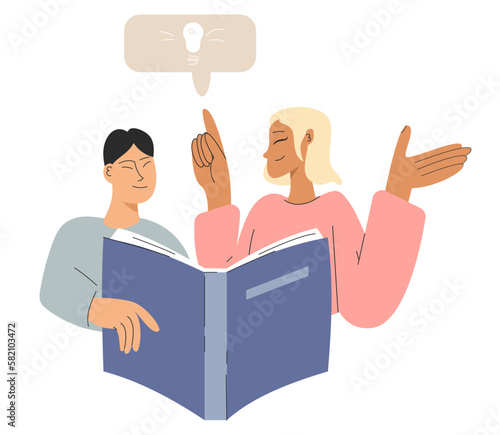 The boy is reading a book with mother. The teacher explains a new topic to the boy. Study concept
