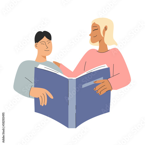 Mother teaches lessons with son. The teacher explains the material to the student. Study concept vector illustration