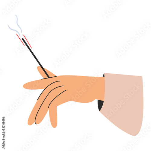 A woman's hand holds an incense stick. Aromatherapy concept vector illustration