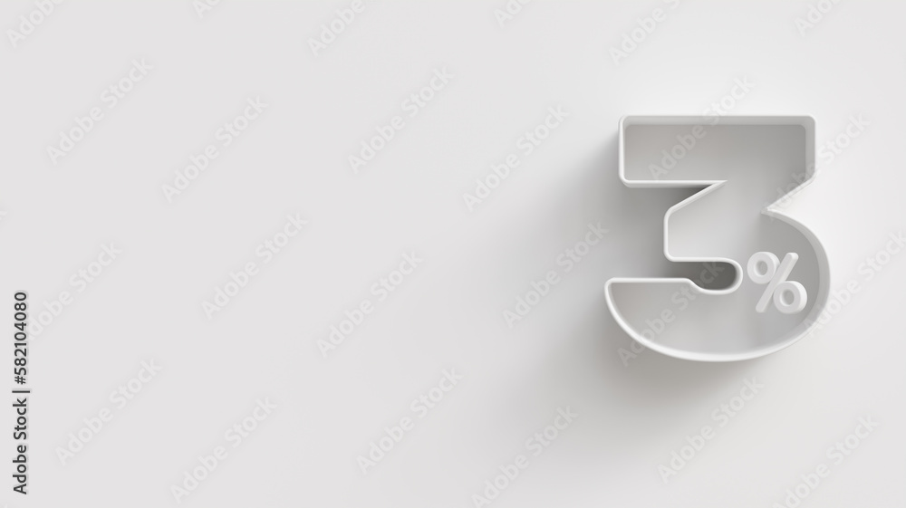 White 3d 3 (three) percent on white background. For advertising promotion, 3d financial concept design. Promotional materials for low rate. 3% interest special offer. Symbol icon with percentage. White 3d 3 (three) percent on white background. For advertising promotion, 3d financial concept design. Promotional materials for low rate. 3% interest special offer. Symbol icon with percentage.